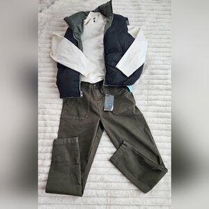 Stylish Black Vest with White Top and Green Pants